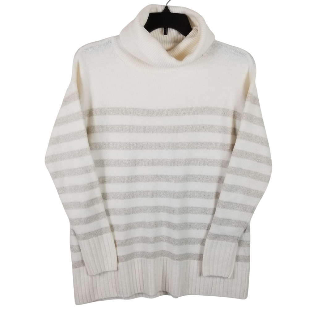 LOFT Womens White Silver Metallic Striped Turtleneck Sweater Size M Relaxed Fit‎